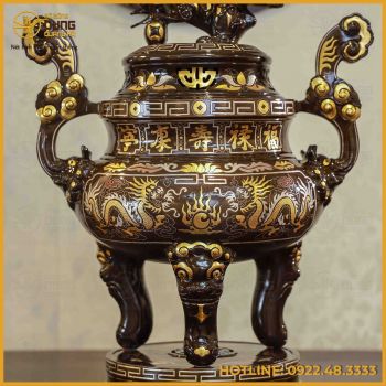 Đỉnh rồng đồng đỏ khảm tam khí dát điểm vàng cao 60cm