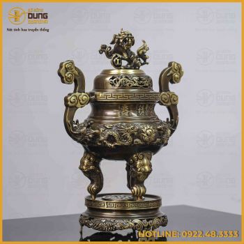 Đỉnh song long chầu nguyệt đồng vàng hai công nghệ cao 45cm