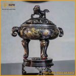 Lư đỉnh đốt trầm đồng đỏ khảm ngũ sắc cao 35cm