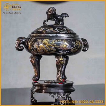 Lư đỉnh đốt trầm đồng đỏ khảm ngũ sắc cao 35cm