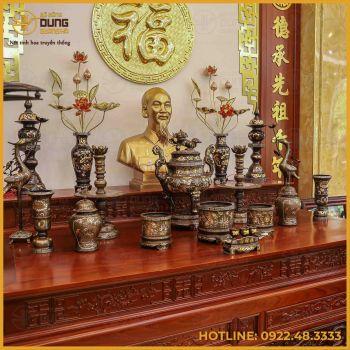 Bộ ngũ sự chạm hoa sòi đồng đỏ khảm tam khí dát điểm vàng cao 60cm