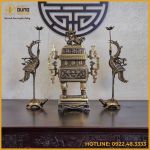 Bộ tam sự hạc đỉnh vuông song long chầu nguyệt đồng vàng hai công nghệ cao 65cm