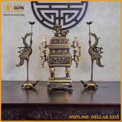 Bộ tam sự hạc đỉnh vuông song long chầu nguyệt đồng vàng hai công nghệ cao 65cm