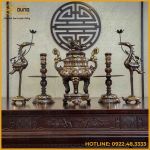 Bộ ngũ sự song long chầu nguyệt đồng đỏ khảm tam khí dát điểm vàng cao 60cm