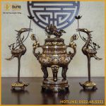 Bộ tam sự hạc song long chầu nguyệt đồng đỏ khảm tam khí dát điểm vàng cao 60cm