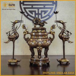Bộ tam sự hạc song long chầu nguyệt đồng đỏ khảm tam khí dát điểm vàng cao 60cm