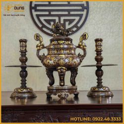 Bộ tam sự nến song long chầu nguyệt đồng đỏ khảm tam khí dát điểm vàng cao 60cm
