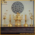 Bộ ngũ sự song long chầu nguyệt đồng đỏ dát vàng cao 60cm