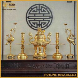 Bộ ngũ sự song long chầu nguyệt đồng đỏ dát vàng cao 60cm