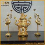 Bộ tam sự hạc song long chầu nguyệt đồng đỏ dát vàng cao 60cm