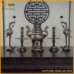 Bộ ngũ sự song long chầu nguyệt đồng đỏ khảm ngũ sắc cao 65cm
