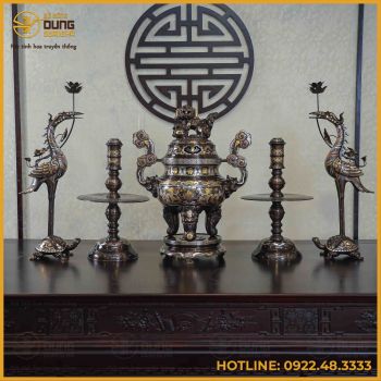 Bộ ngũ sự song long chầu nguyệt đồng đỏ khảm ngũ sắc cao 65cm