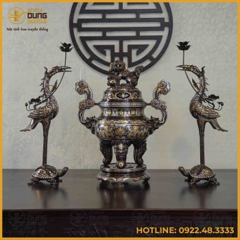 Bộ tam sự hạc song long chầu nguyệt đồng đỏ khảm ngũ sắc cao 65cm