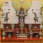 Bộ ngũ sự song long chầu nguyệt đồng đỏ khảm ngũ sắc cao 60cm