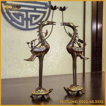 Đôi hạc đồng đỏ khảm tam khí dát điểm vàng cao 60cm