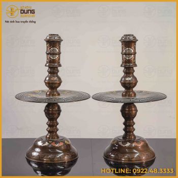 Đôi chân nến tứ linh đồng đỏ khảm ngũ sắc cao 60cm