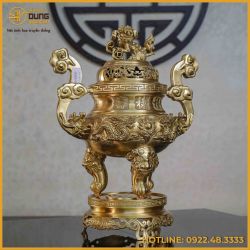 Đỉnh song long chầu nguyệt đồng vàng mộc cao 50cm