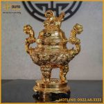 Đỉnh song long chầu nguyệt đồng đỏ mạ vàng tĩnh điện cao 50cm