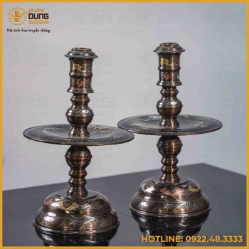 Đôi nến rồng phương đồng đỏ khảm ngũ sắc cao 45cm