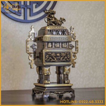Đỉnh vuông song long chầu nguyệt đồng vàng hai công nghệ cao 65cm
