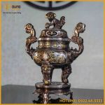 Đỉnh song long chầu nguyệt đồng đỏ khảm ngũ sắc cao 40cm