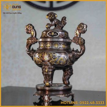 Đỉnh song long chầu nguyệt đồng đỏ khảm ngũ sắc cao 40cm