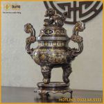 Đỉnh song long chầu nguyệt đồng đỏ khảm ngũ sắc cao 65cm