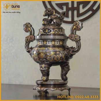 Đỉnh song long chầu nguyệt đồng đỏ khảm ngũ sắc cao 65cm