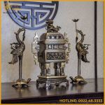 Bộ tam sự hạc đỉnh vuông song long chầu nguyệt đồng vàng hai công nghệ cao 65cm