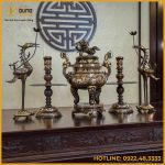 Bộ ngũ sự song long chầu nguyệt đồng đỏ khảm tam khí dát điểm vàng cao 60cm