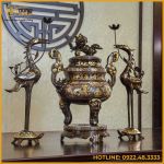 Bộ tam sự hạc song long chầu nguyệt đồng đỏ khảm tam khí dát điểm vàng cao 60cm