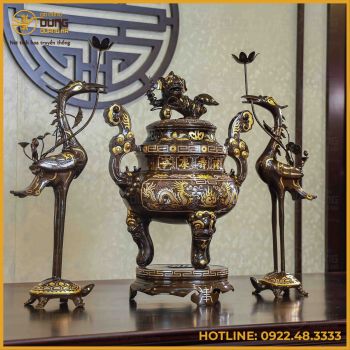 Bộ tam sự hạc song long chầu nguyệt đồng đỏ khảm tam khí dát điểm vàng cao 60cm