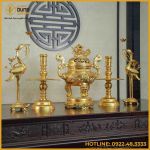Bộ ngũ sự song long chầu nguyệt đồng đỏ dát vàng cao 60cm