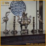 Bộ ngũ sự song long chầu nguyệt đồng đỏ khảm ngũ sắc cao 65cm