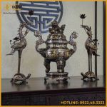 Bộ tam sự hạc song long chầu nguyệt đồng đỏ khảm ngũ sắc cao 65cm