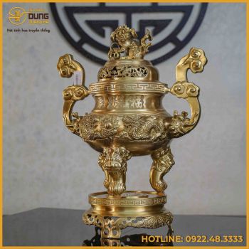 Đỉnh song long chầu nguyệt đồng vàng mộc cao 50cm