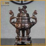 Đỉnh song long chầu nguyệt đồng đỏ khảm ngũ sắc cao 40cm