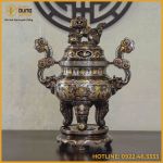 Đỉnh song long chầu nguyệt đồng đỏ khảm ngũ sắc cao 65cm
