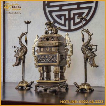 Bộ tam sự hạc đỉnh vuông song long chầu nguyệt đồng vàng hai công nghệ cao 65cm
