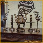 Bộ ngũ sự song long chầu nguyệt đồng đỏ khảm tam khí dát điểm vàng cao 60cm