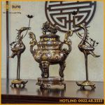 Bộ tam sự hạc song long chầu nguyệt đồng đỏ khảm tam khí dát điểm vàng cao 60cm