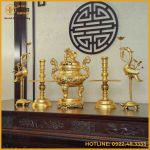 Bộ ngũ sự song long chầu nguyệt đồng đỏ dát vàng cao 60cm