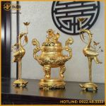 Bộ tam sự hạc song long chầu nguyệt đồng đỏ dát vàng cao 60cm