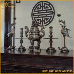 Bộ ngũ sự song long chầu nguyệt đồng đỏ khảm ngũ sắc cao 65cm
