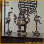 Bộ tam sự hạc song long chầu nguyệt đồng đỏ khảm ngũ sắc cao 65cm