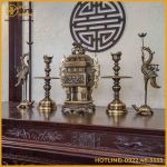 Bộ ngũ sự đỉnh vuông song long chầu nguyệt đồng vàng hai công nghệ cao 65cm