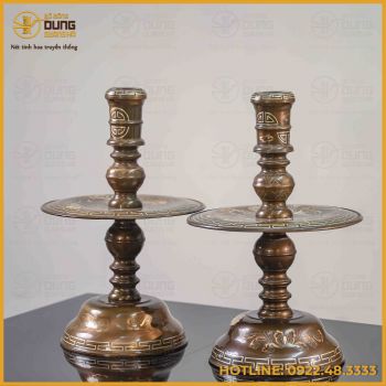Đôi chân nến long phụng đồng đỏ khảm tam khí cao 50cm