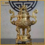 Đỉnh song long chầu nguyệt đồng vàng mộc cao 50cm