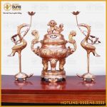 Bộ tam sự hạc đỉnh chạm hoa sòi đồng đỏ