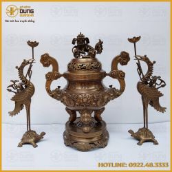 Bộ tam sự hạc hun nâu đỉnh chạm song long chầu nguyệt